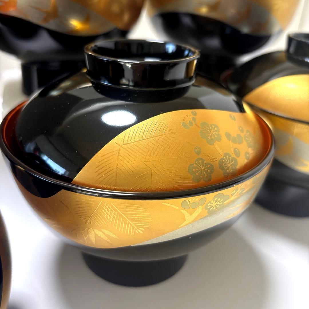 木乾漆器　高台蓋付き汁椀　黒内朱　金彩　鶴に松竹梅図　煮物椀　山中漆器　会津塗り