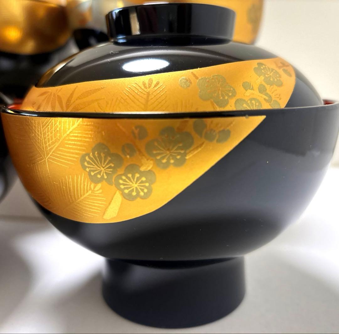 木乾漆器　高台蓋付き汁椀　黒内朱　金彩　鶴に松竹梅図　煮物椀　山中漆器　会津塗り