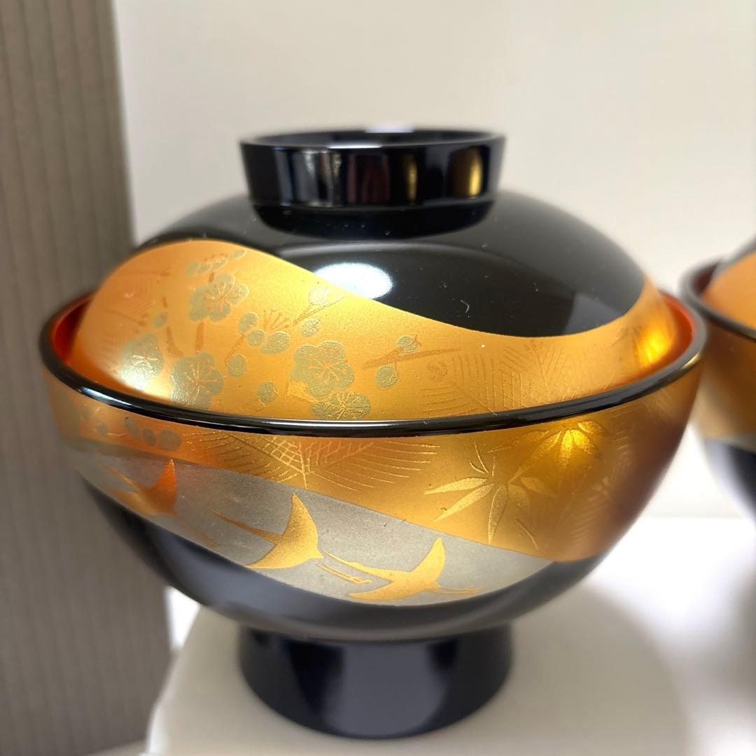 木乾漆器　高台蓋付き汁椀　黒内朱　金彩　鶴に松竹梅図　煮物椀　山中漆器　会津塗り