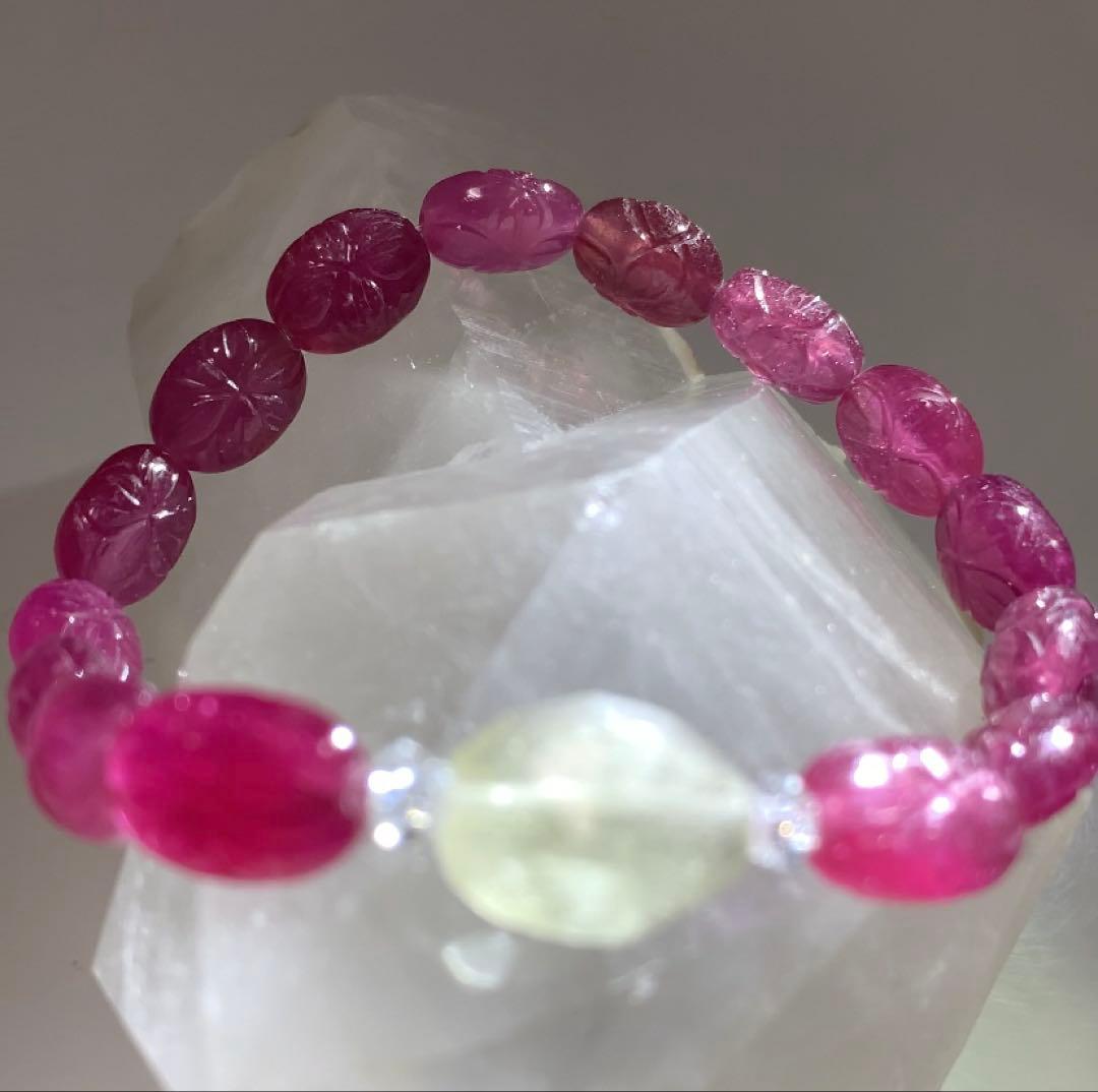 ⭐️宝石質⭐️ ルビー花彫物　リビアングラス　ブレスレット