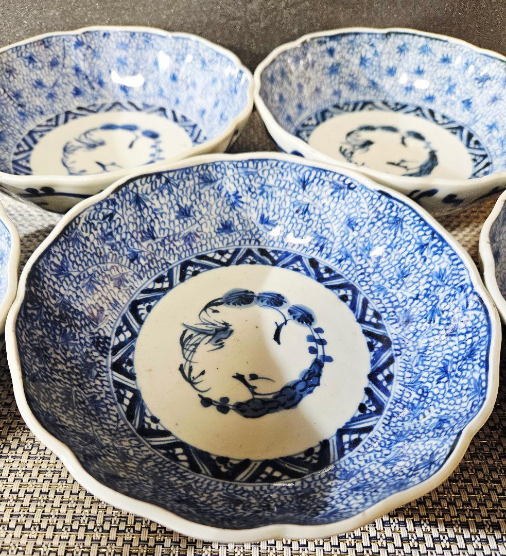 江戸時代末期　古伊万里　染付　手描き　みじん唐草文様　深皿　膾皿　なます皿　5客