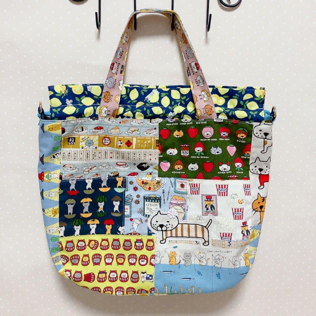 猫Love。 リュック型お着替え袋 巾着トートバッグ パッチワーク