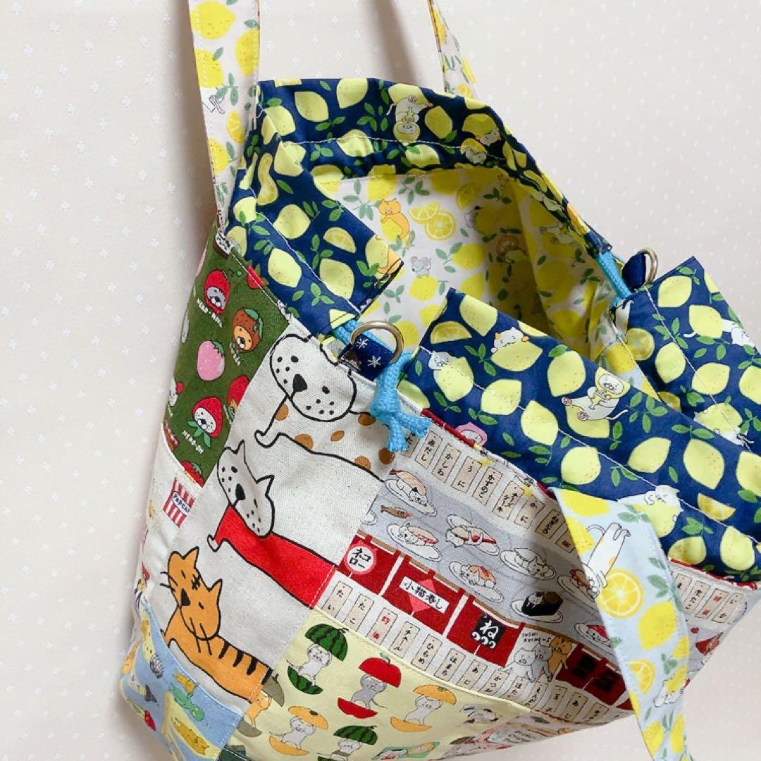 猫Love。 リュック型お着替え袋 巾着トートバッグ パッチワーク