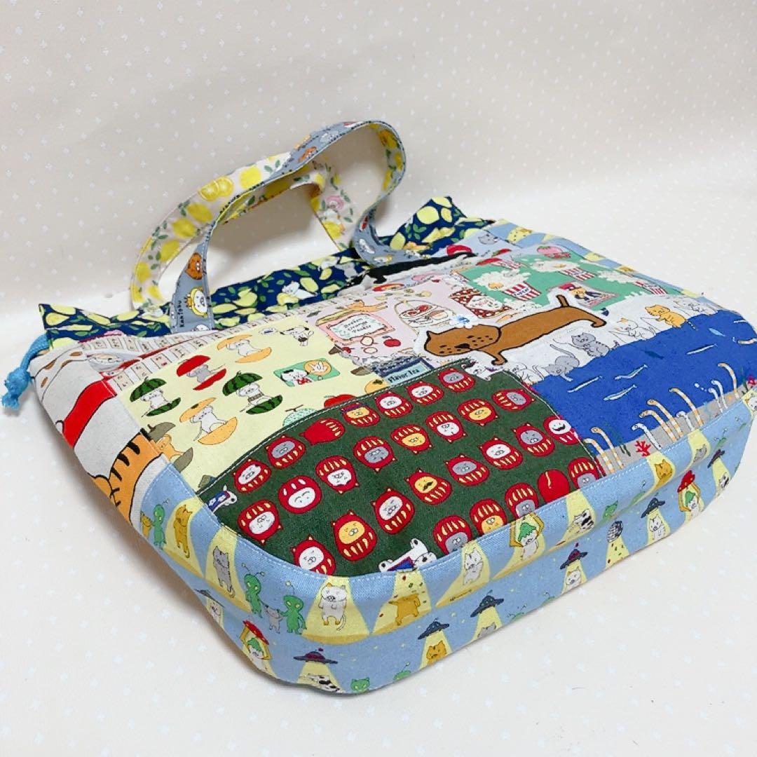 猫Love。 リュック型お着替え袋 巾着トートバッグ パッチワーク