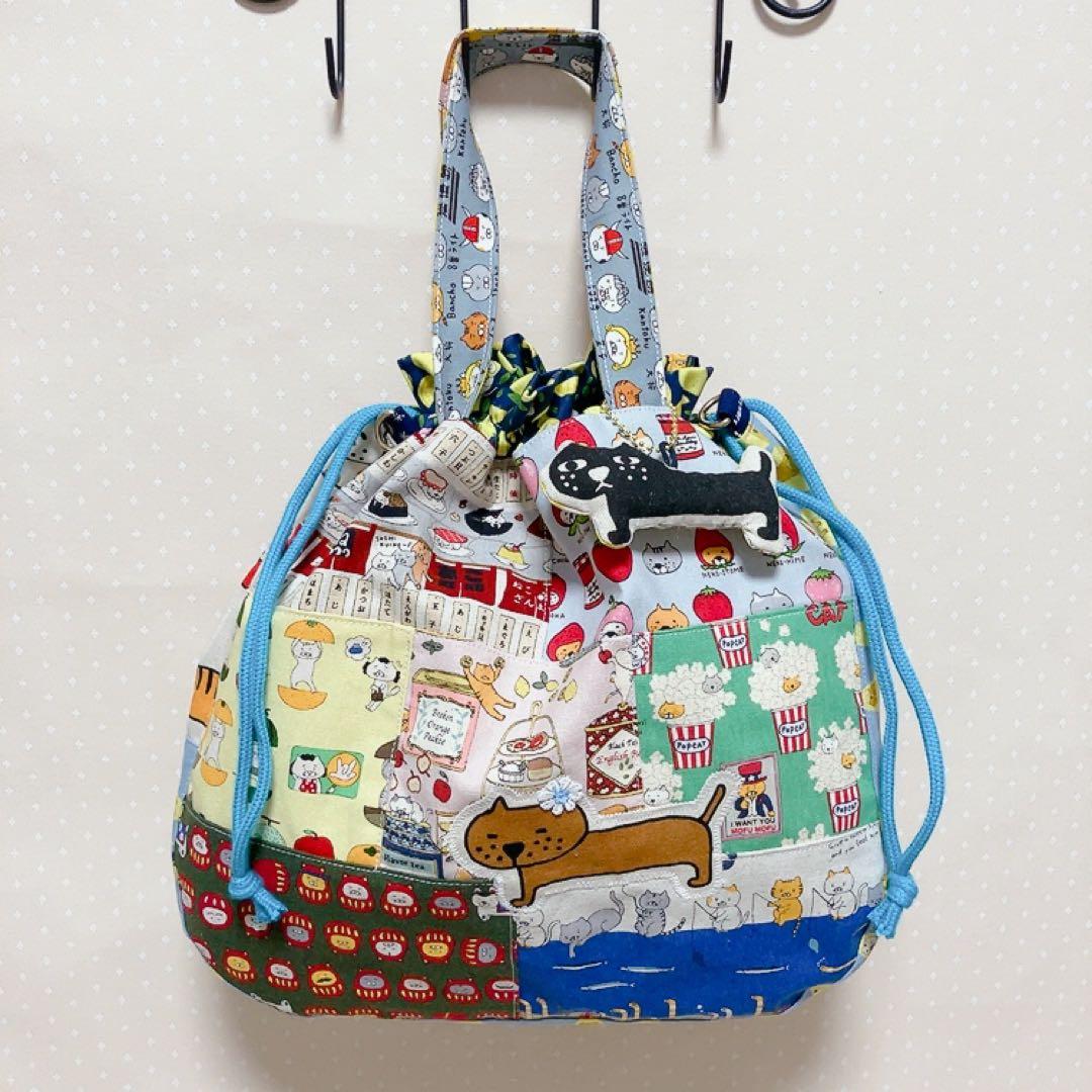 猫Love。 リュック型お着替え袋 巾着トートバッグ パッチワーク