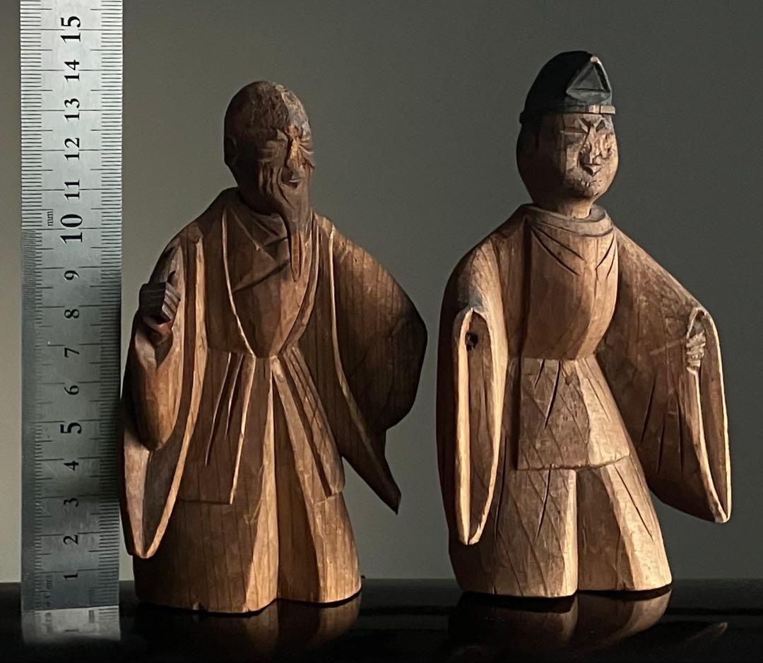 【古式民間信仰 祖師と神職 木彫像 約14㎝ 江戸後期〜明治頃】仏像郷土玩具骨董