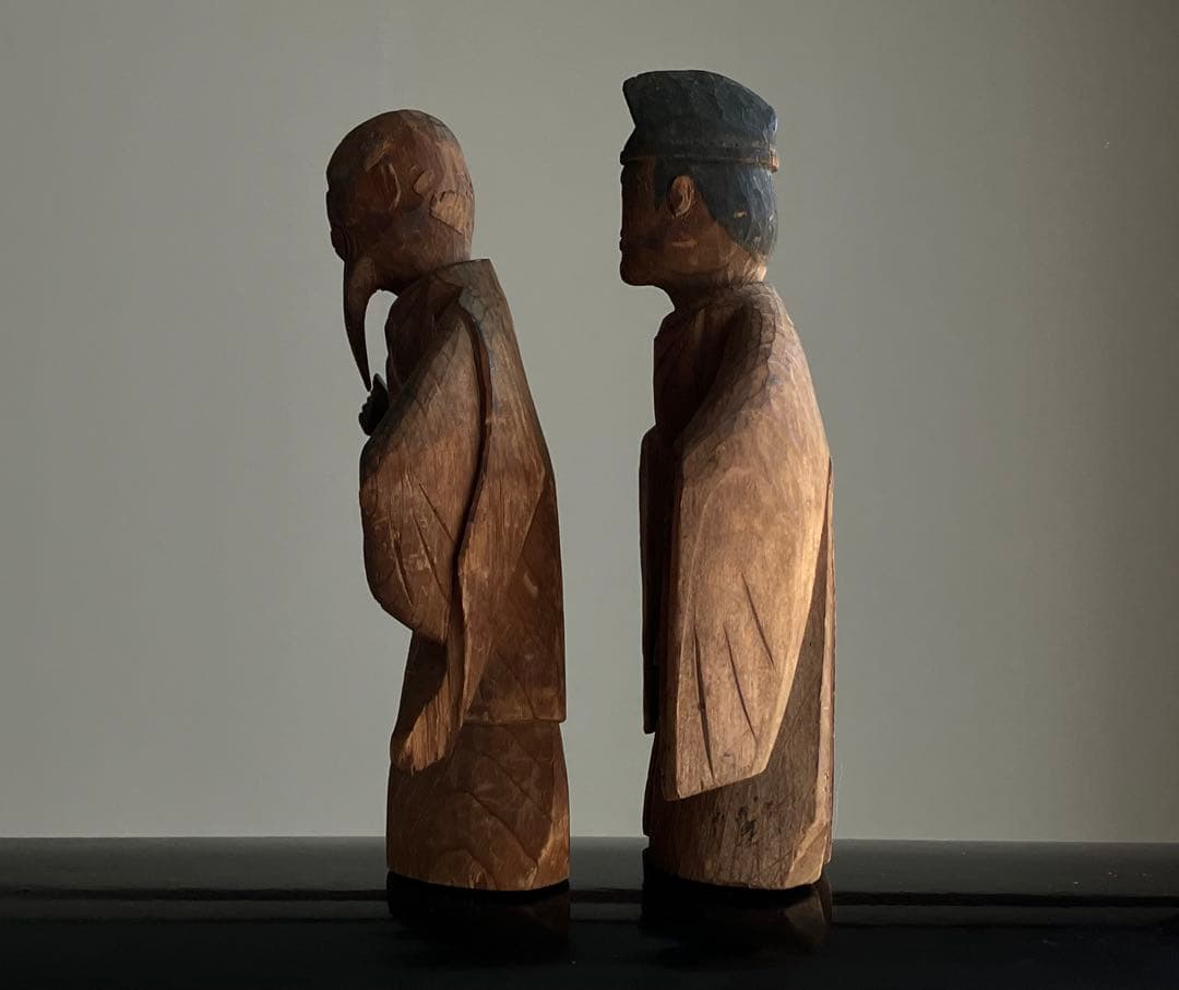 【古式民間信仰 祖師と神職 木彫像 約14㎝ 江戸後期〜明治頃】仏像郷土玩具骨董