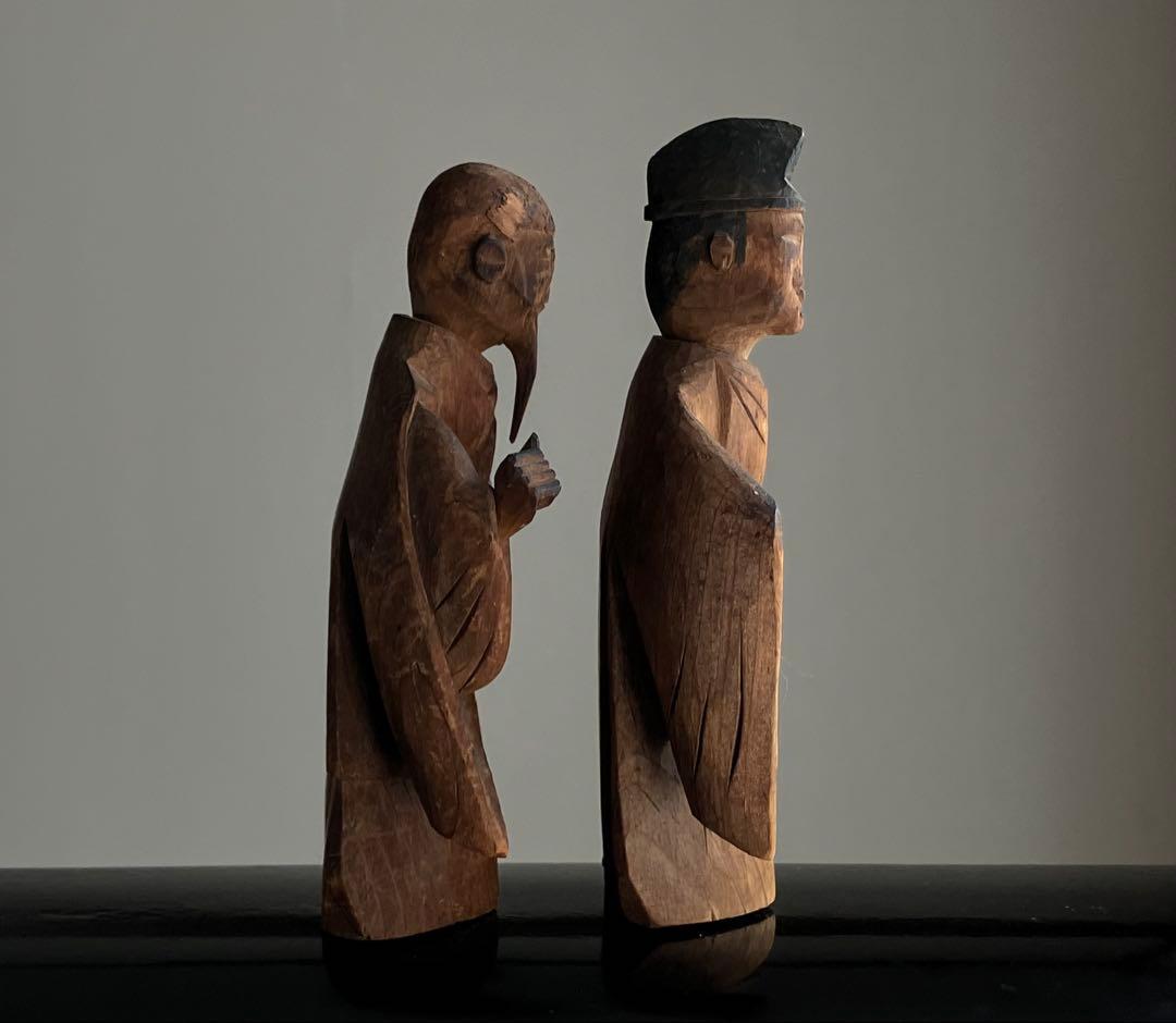【古式民間信仰 祖師と神職 木彫像 約14㎝ 江戸後期〜明治頃】仏像郷土玩具骨董