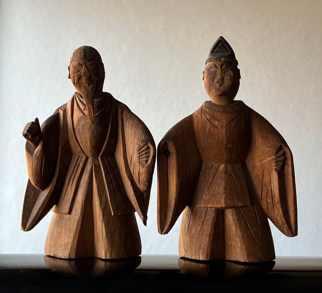 【古式民間信仰 祖師と神職 木彫像 約14㎝ 江戸後期〜明治頃】仏像郷土玩具骨董