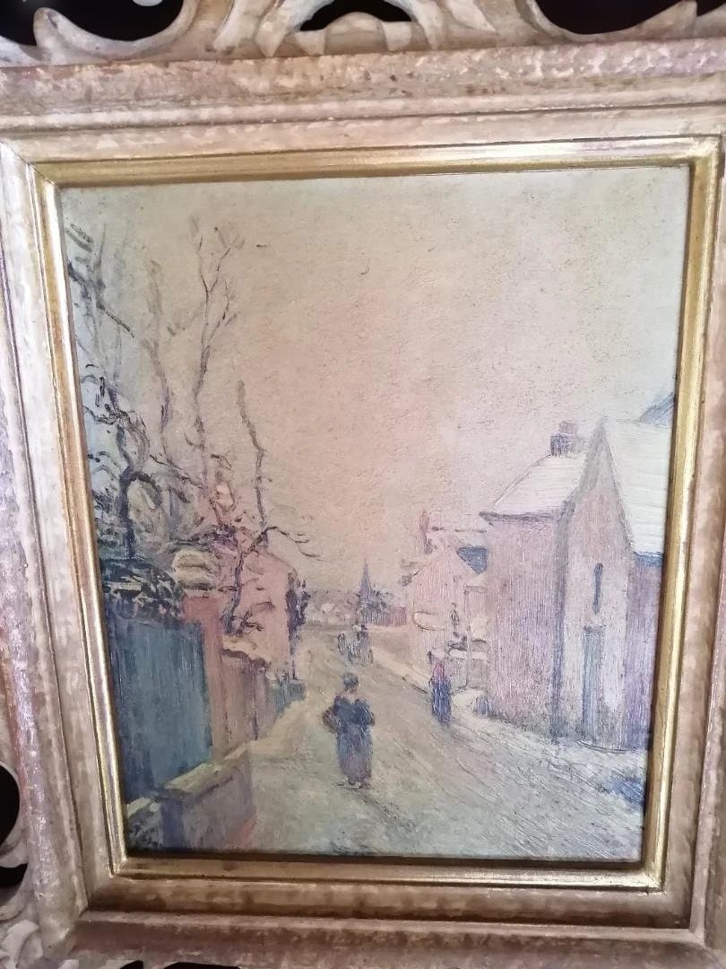 複製画「カミーユ・ピサロ　冬景色」　ヴィンテージ重厚な額付き