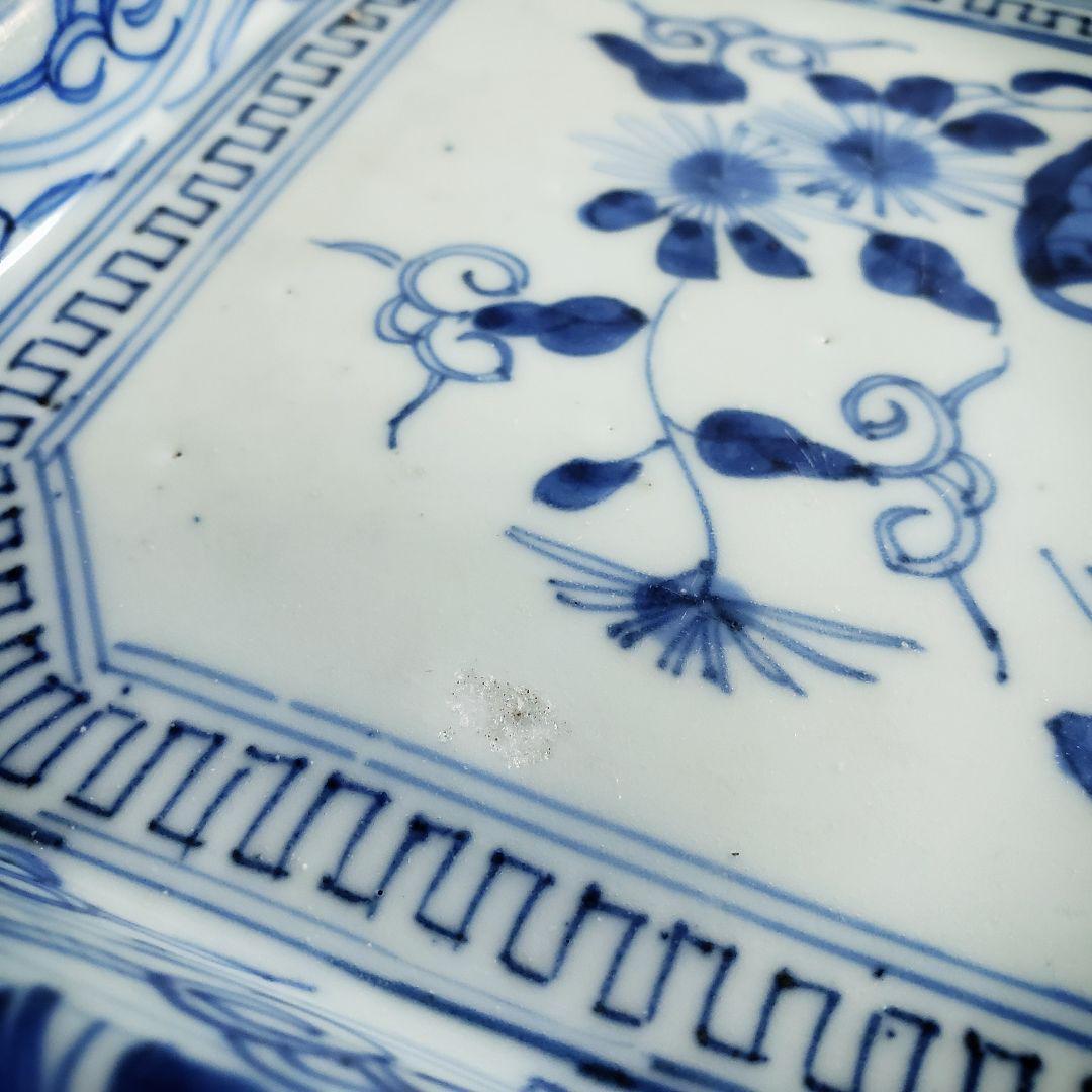 八角皿 隅切角皿 古伊万里 線描き 唐草文様 伊万里染付線描隅切角皿 訳あり