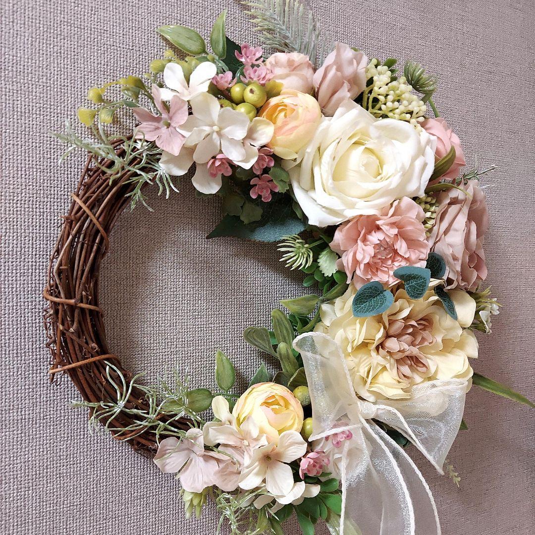 フラワーリース 夏めく14 爽やかで可憐なお花たち2 造花 玄関リース