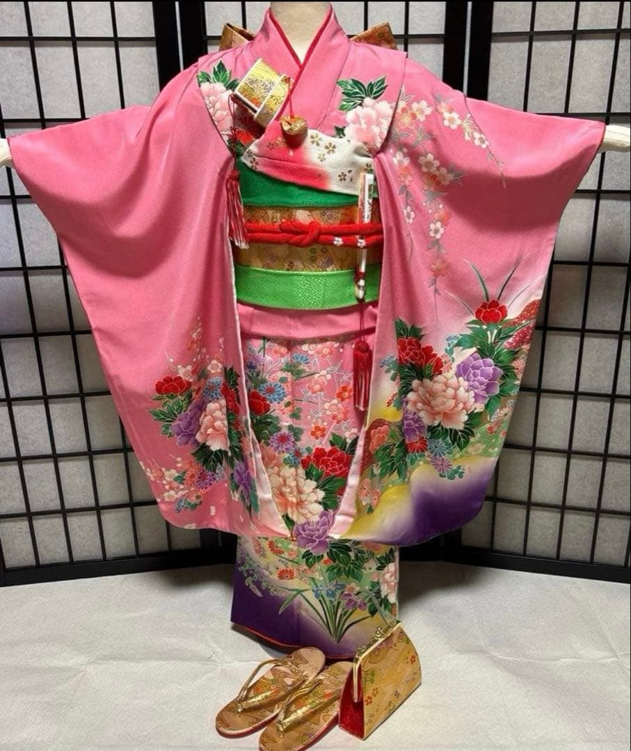 七五三　着物セット　7歳　ピンク色　紫色　正絹　美品