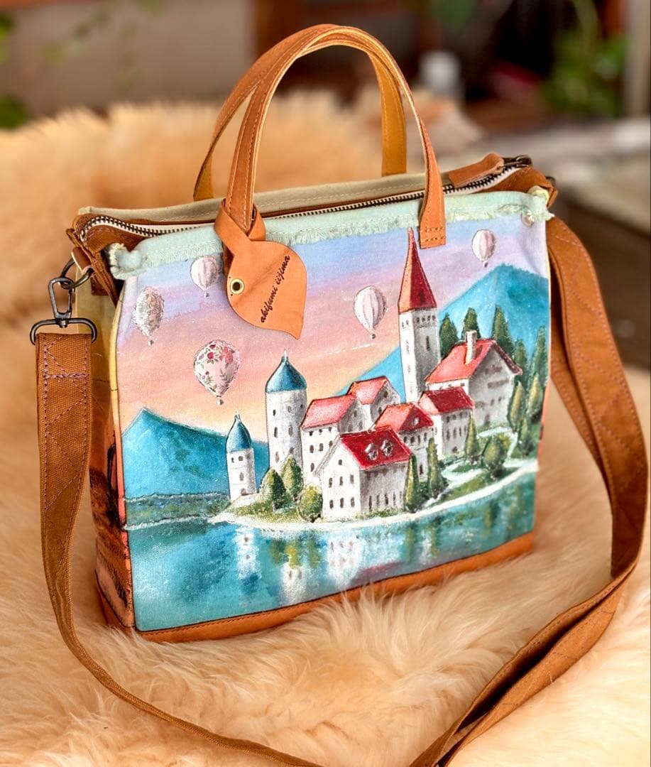 (手づくり)\"最高の場所へ\"絵画ハンドショルダーバッグ/刺繍
