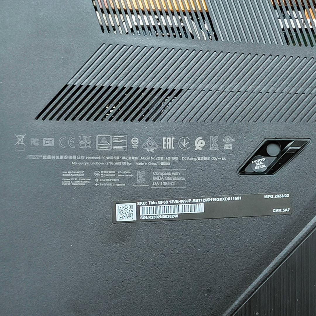 ​【中古・箱付き】MSI Thin GF6312VE RTX4050 レシート付