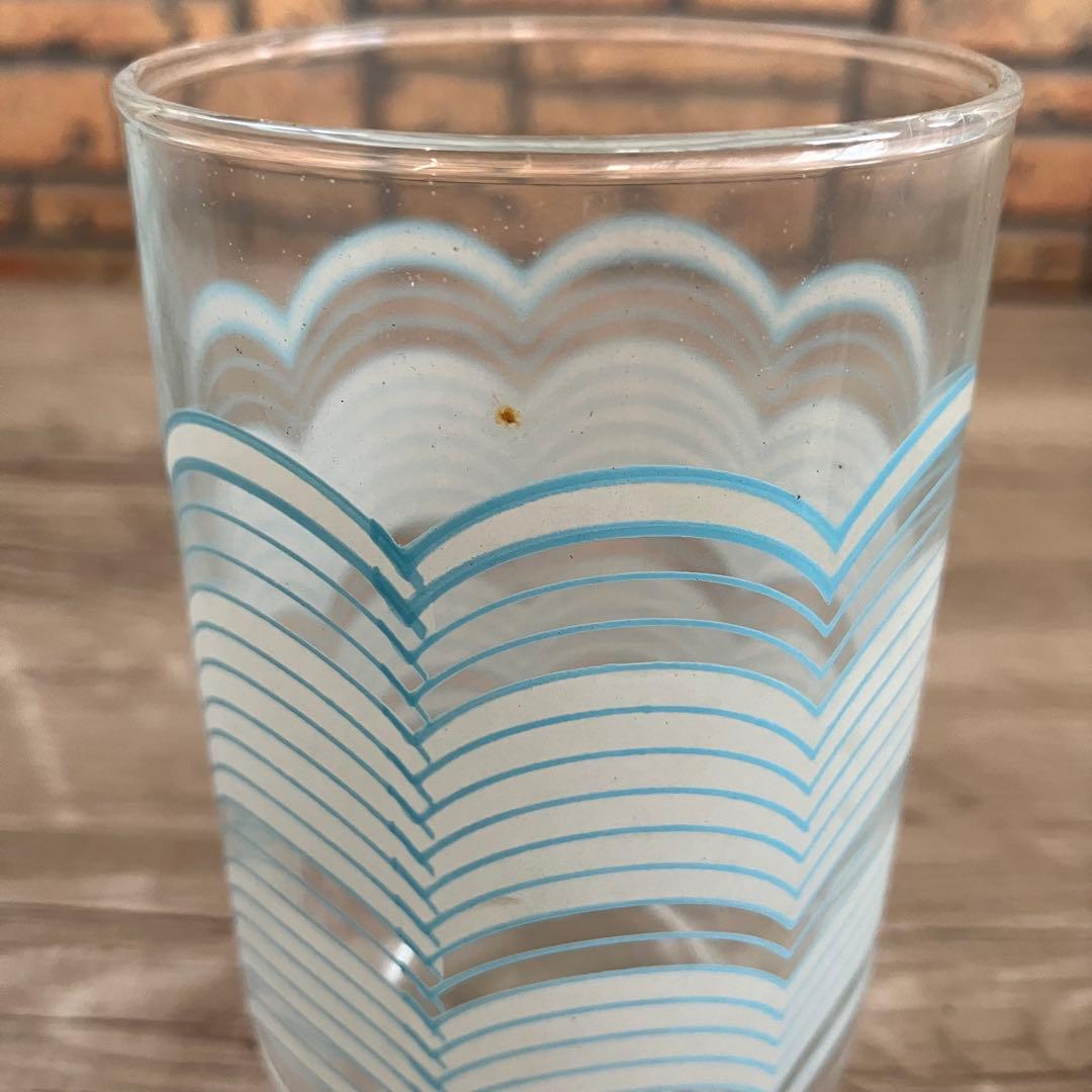E-1 【昭和レトロ】水色 波模様 グラス 10客セット（箱入り） アンティーク