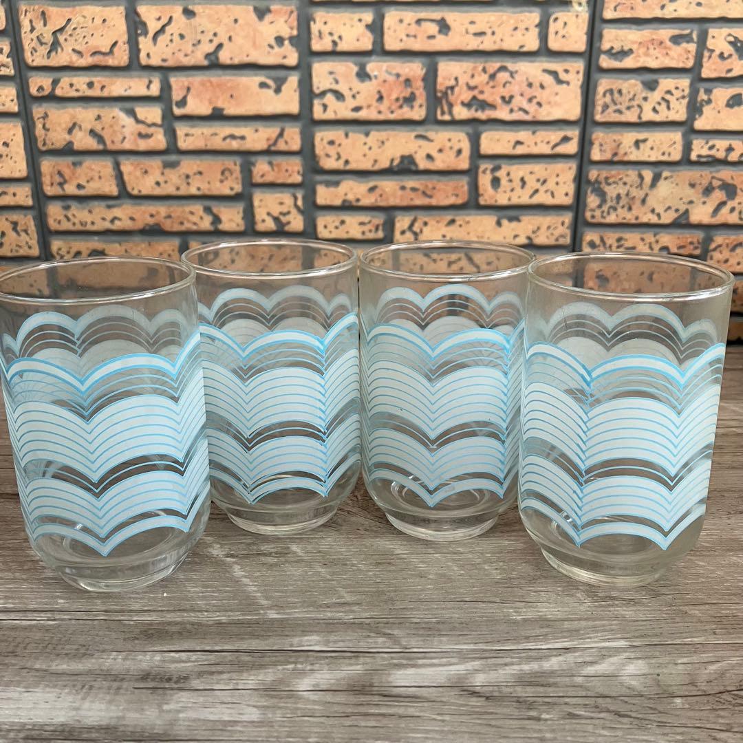 E-1 【昭和レトロ】水色 波模様 グラス 10客セット（箱入り） アンティーク
