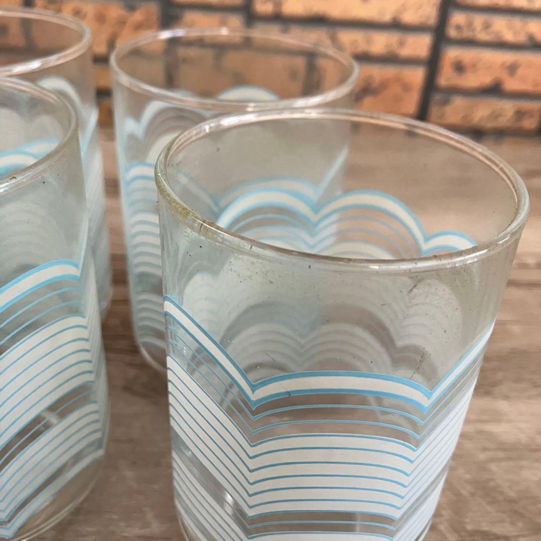 E-1 【昭和レトロ】水色 波模様 グラス 10客セット（箱入り） アンティーク