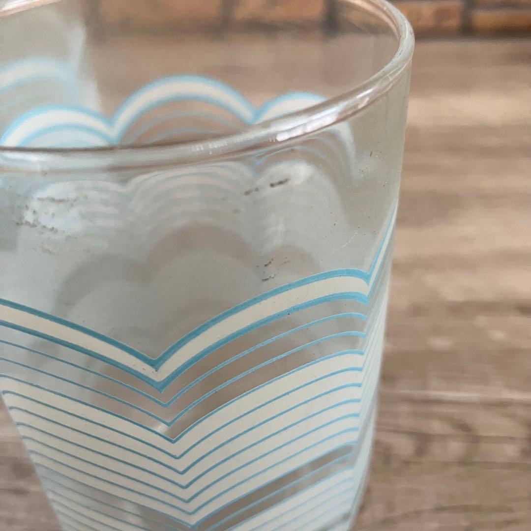 E-1 【昭和レトロ】水色 波模様 グラス 10客セット（箱入り） アンティーク