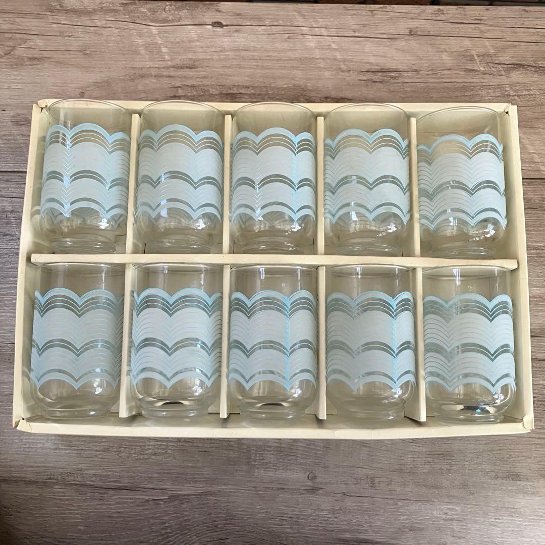 E-1 【昭和レトロ】水色 波模様 グラス 10客セット（箱入り） アンティーク