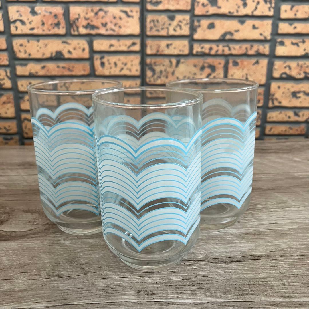 E-1 【昭和レトロ】水色 波模様 グラス 10客セット（箱入り） アンティーク
