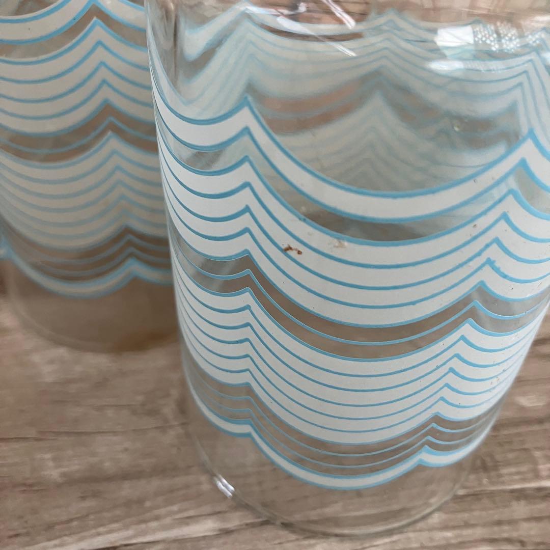 E-1 【昭和レトロ】水色 波模様 グラス 10客セット（箱入り） アンティーク