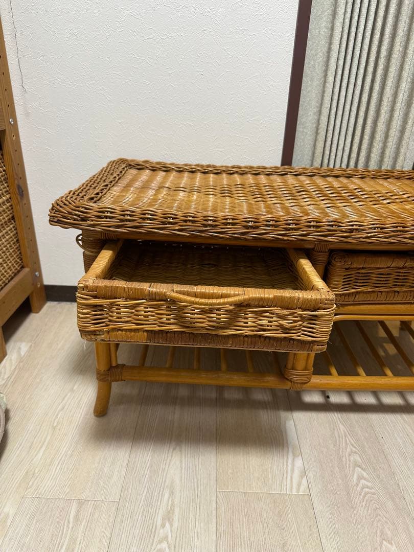 ヴィンテージ ラタン 籘 ベンチ チェスト 収納付サイドボード　シェルフ