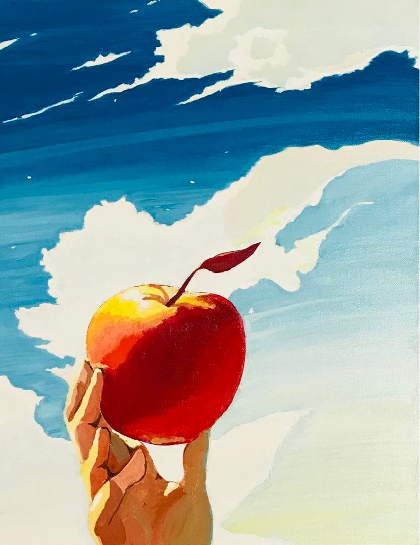【原画】真夏の青空とリンゴ　アクリル画　F6キャンバス　ハンドメイド　一点物