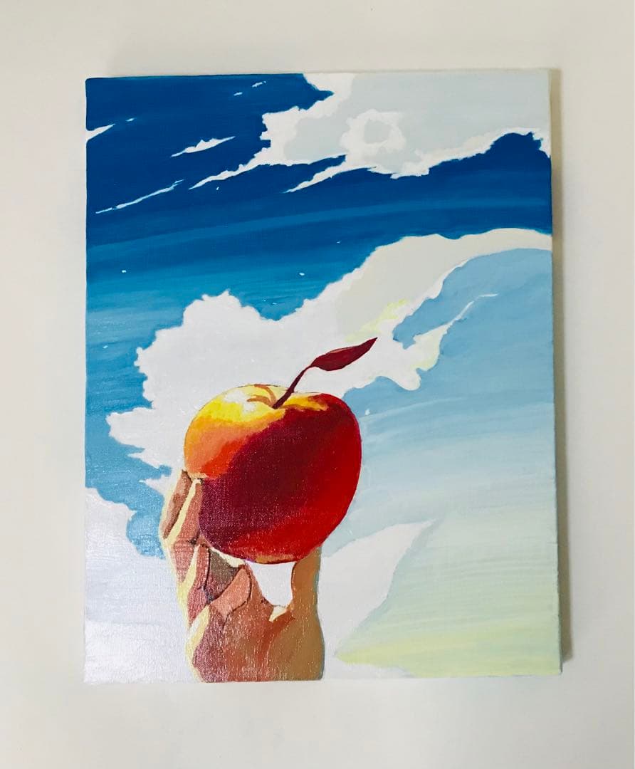 【原画】真夏の青空とリンゴ　アクリル画　F6キャンバス　ハンドメイド　一点物