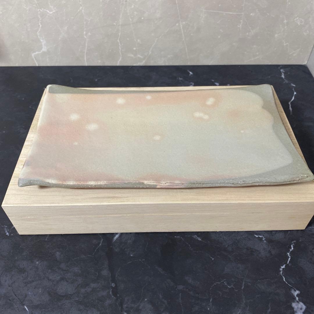 未使用品　32cm×18cm 萩角皿　七代　岡田仙舟　共箱