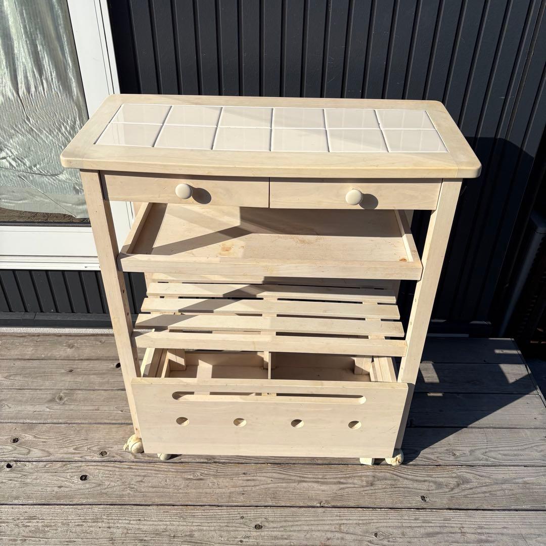 北欧レトロ タイルトップ キッチンワゴン 木製ワゴン キャスター リメイクベース