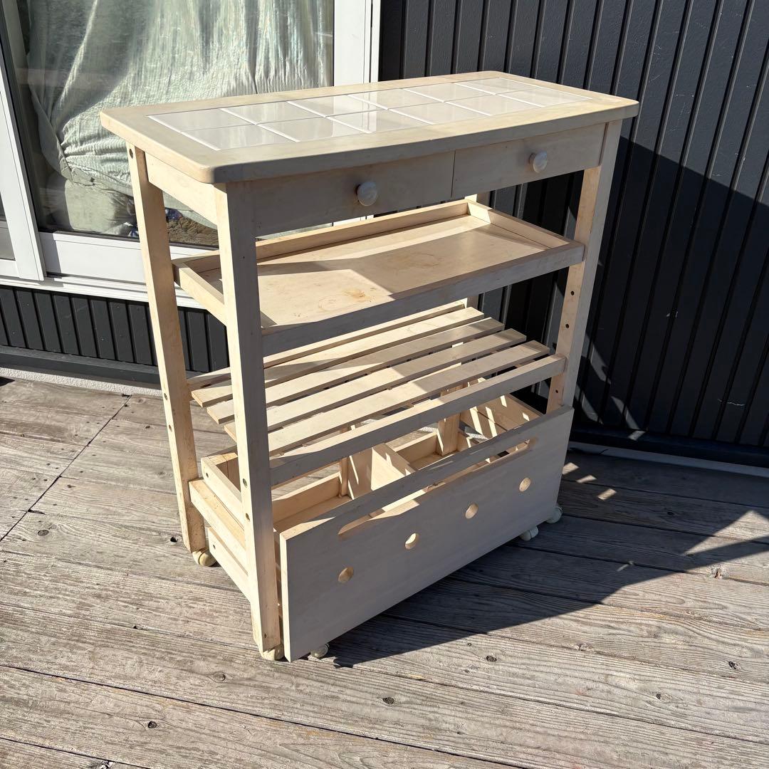 北欧レトロ タイルトップ キッチンワゴン 木製ワゴン キャスター リメイクベース