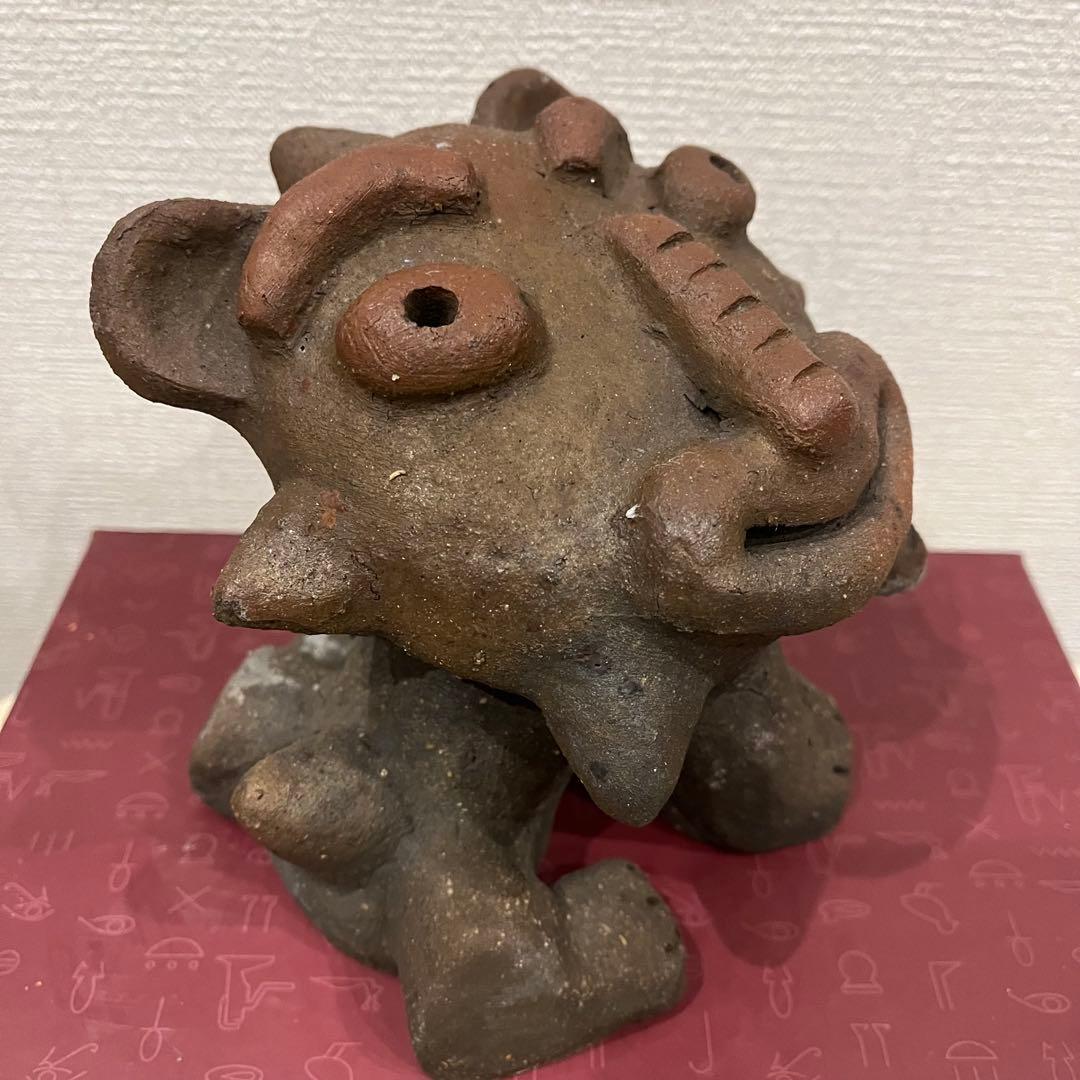 沖縄県西表島「青烽窯」の陶土製シーサー＆イタリア製の陶器受け皿＆貝殻付き