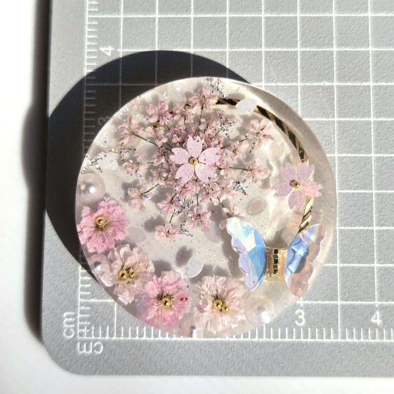 レジンヘアゴム　ヘアアクセサリー 丸約3.5cm　ピンク　蝶　No.11