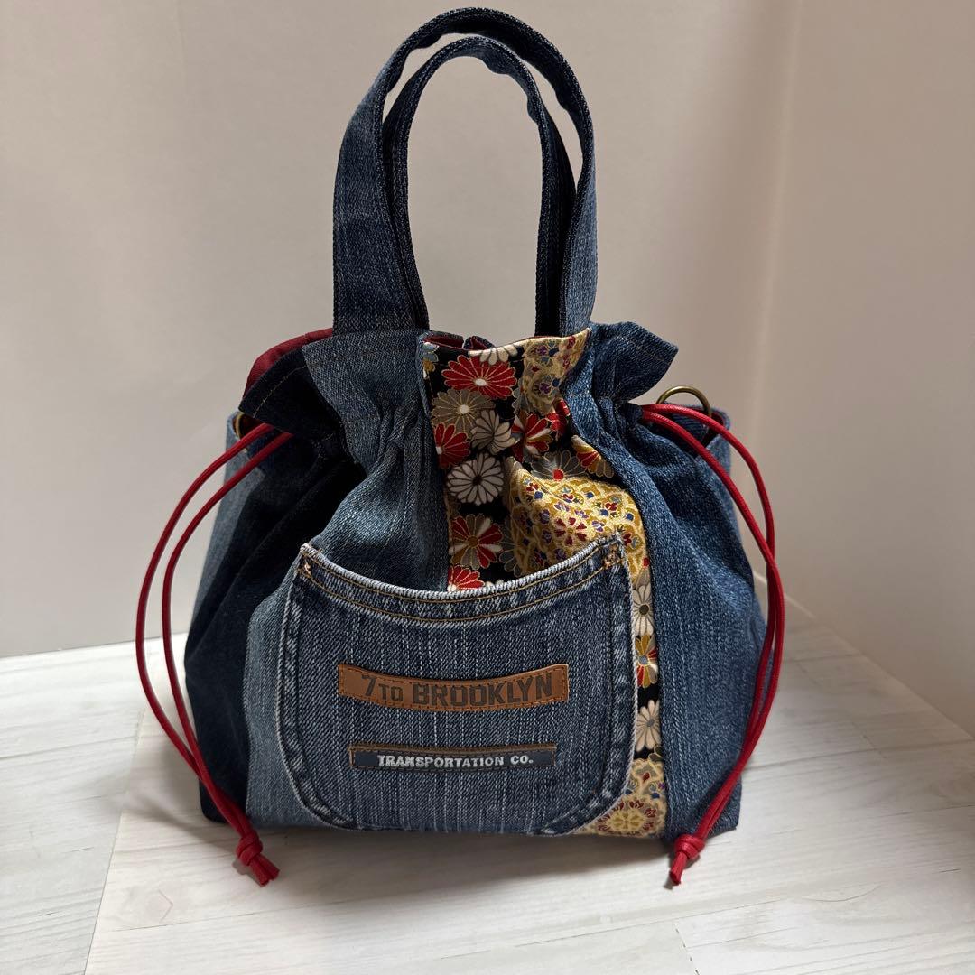 コロ葱(マロ)様　ハンドメイド　デニムリメイク　巾着トートバッグ