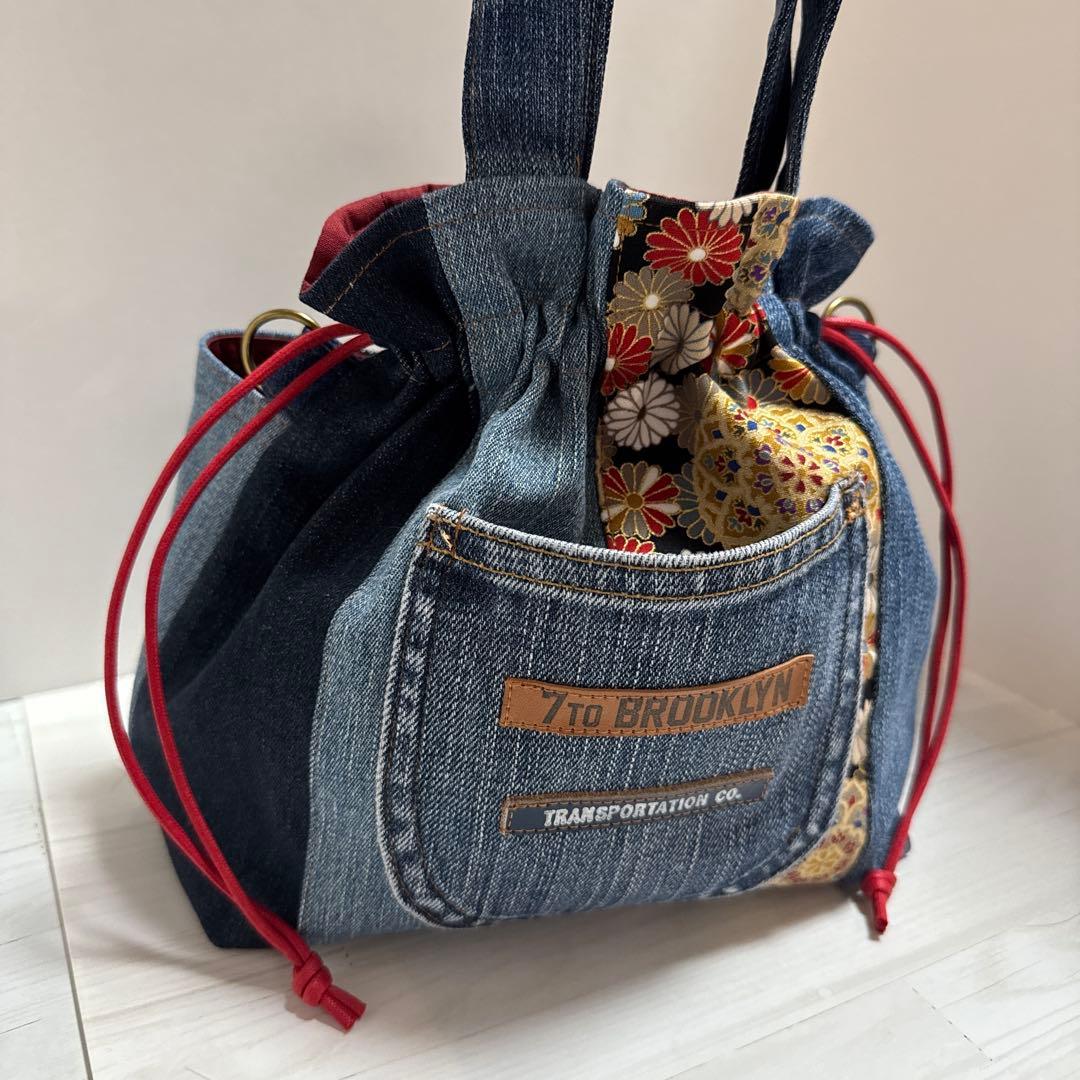 コロ葱(マロ)様　ハンドメイド　デニムリメイク　巾着トートバッグ