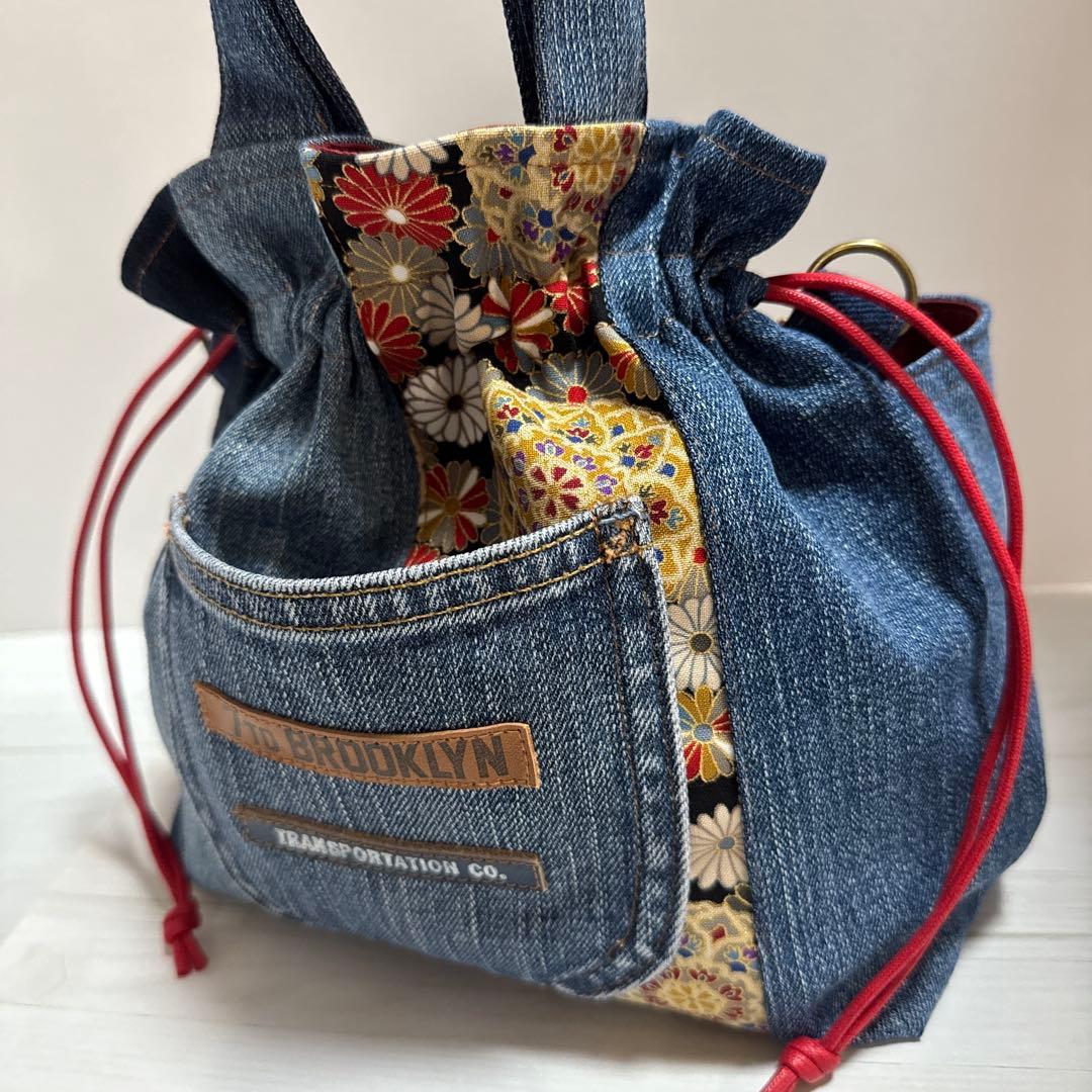 コロ葱(マロ)様　ハンドメイド　デニムリメイク　巾着トートバッグ