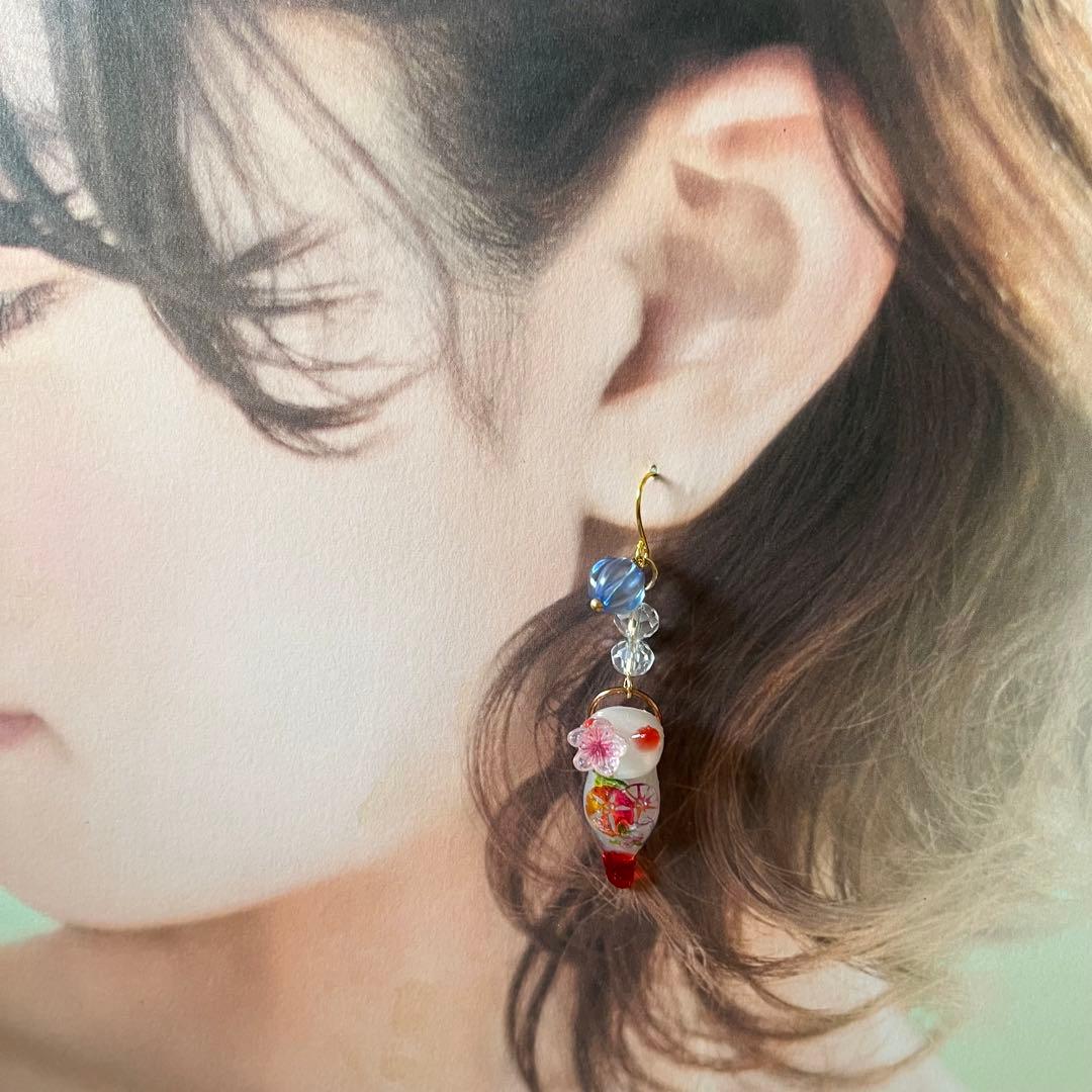 ฅ❤️ ねこ　猫　梅結び　レジン　花　朝顔　ヨーヨー　夏　ピアス　イヤリング