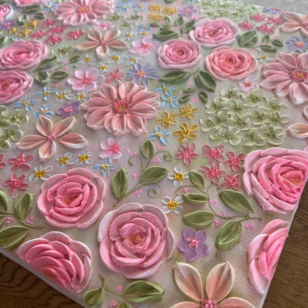 原画　花柄　アクリル絵画 テクスチャーアート ピンク フラワー　ボタニカル