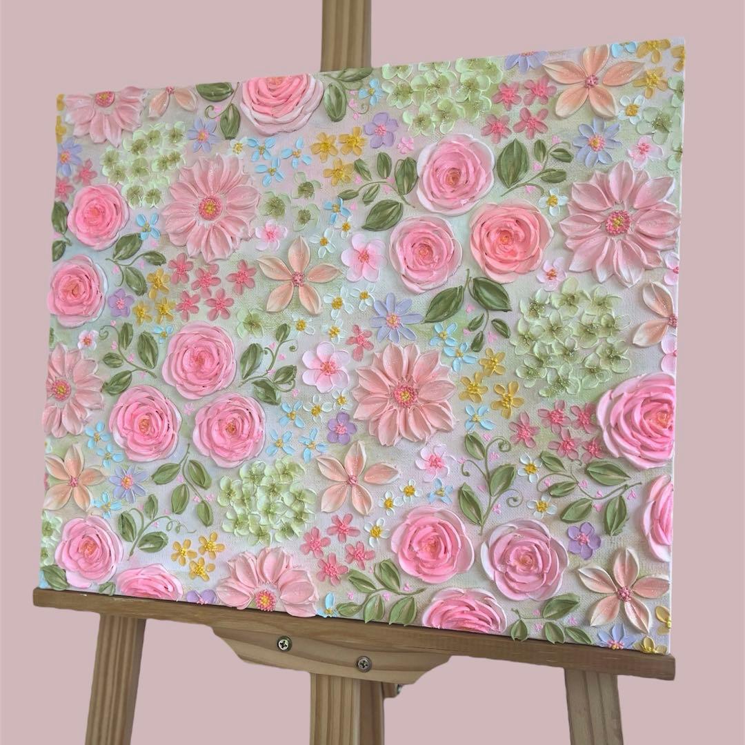 原画　花柄　アクリル絵画 テクスチャーアート ピンク フラワー　ボタニカル