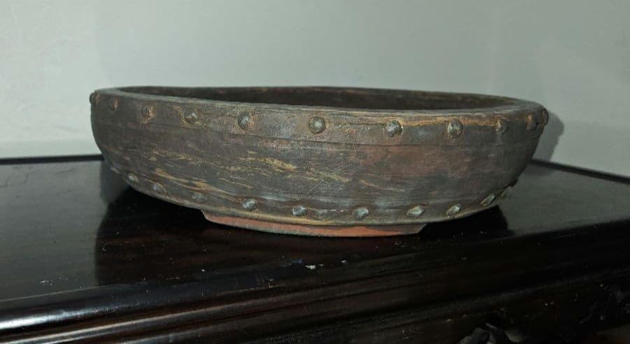 珍しいマーブル模様　盆栽鉢 直径約37.5cm×8cm　落款あり