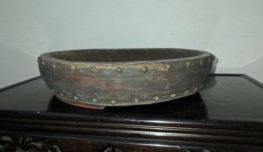 珍しいマーブル模様　盆栽鉢 直径約37.5cm×8cm　落款あり