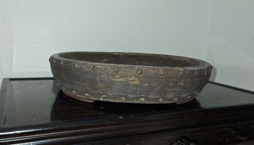 珍しいマーブル模様　盆栽鉢 直径約37.5cm×8cm　落款あり