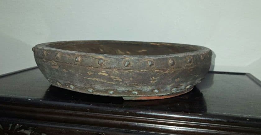 珍しいマーブル模様　盆栽鉢 直径約37.5cm×8cm　落款あり