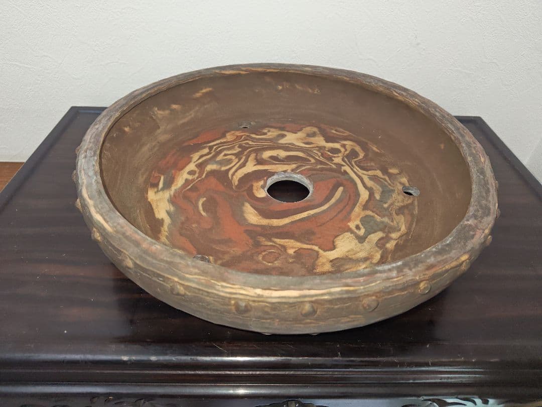 珍しいマーブル模様　盆栽鉢 直径約37.5cm×8cm　落款あり