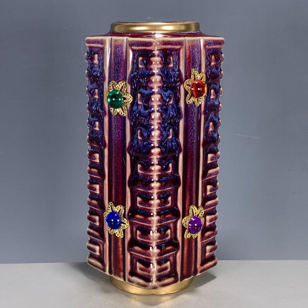 鈞磁器紅釉窯変四方茶瓶花瓶の置物 景徳鎮 陶磁器 装飾品 現代工芸品美術品