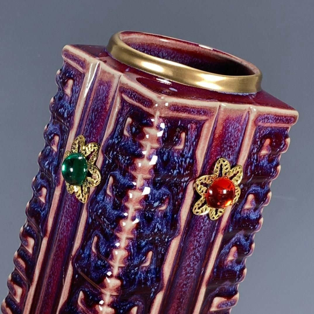 鈞磁器紅釉窯変四方茶瓶花瓶の置物 景徳鎮 陶磁器 装飾品 現代工芸品美術品