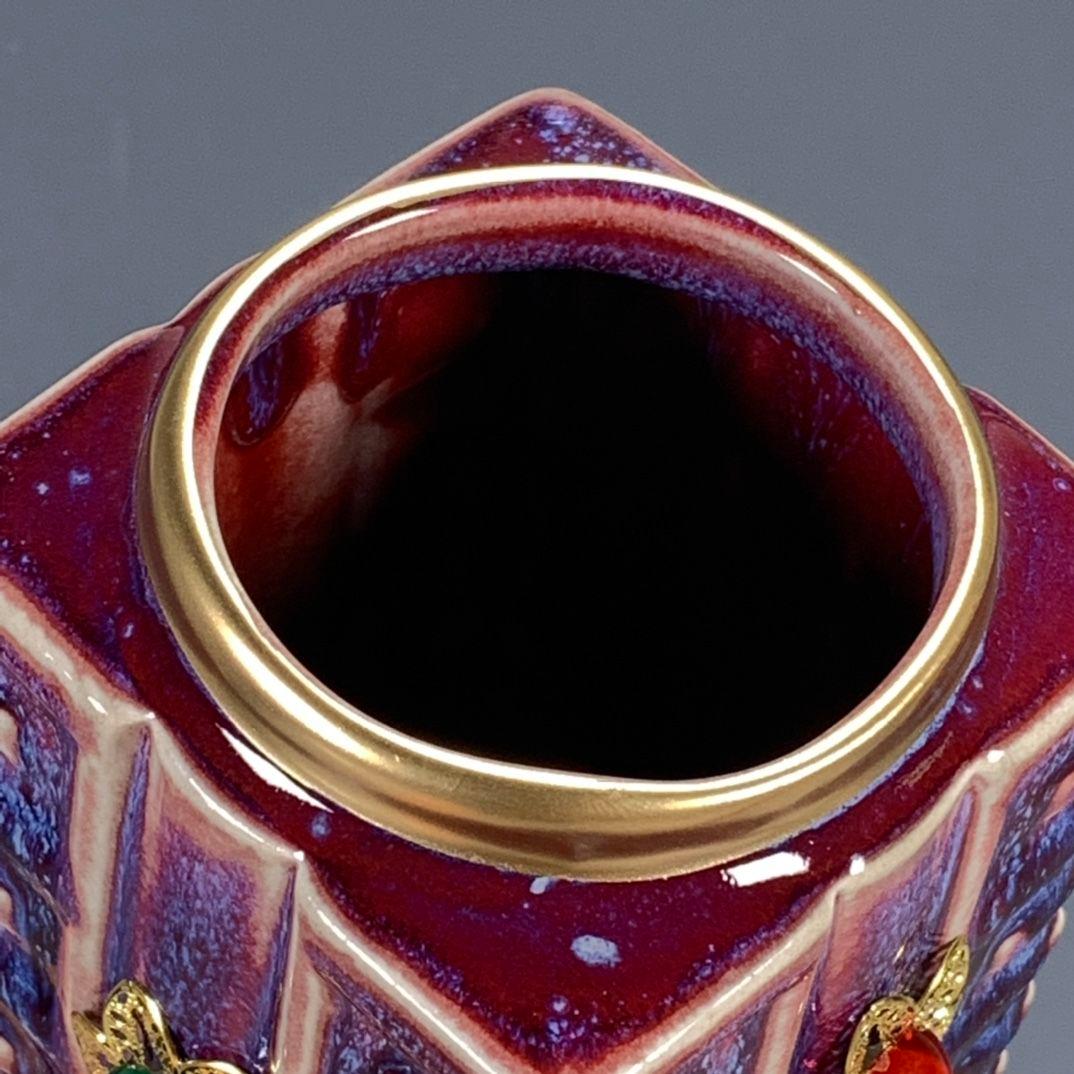 鈞磁器紅釉窯変四方茶瓶花瓶の置物 景徳鎮 陶磁器 装飾品 現代工芸品美術品