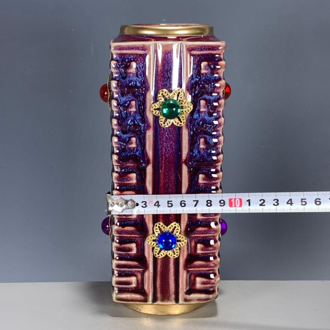 鈞磁器紅釉窯変四方茶瓶花瓶の置物 景徳鎮 陶磁器 装飾品 現代工芸品美術品