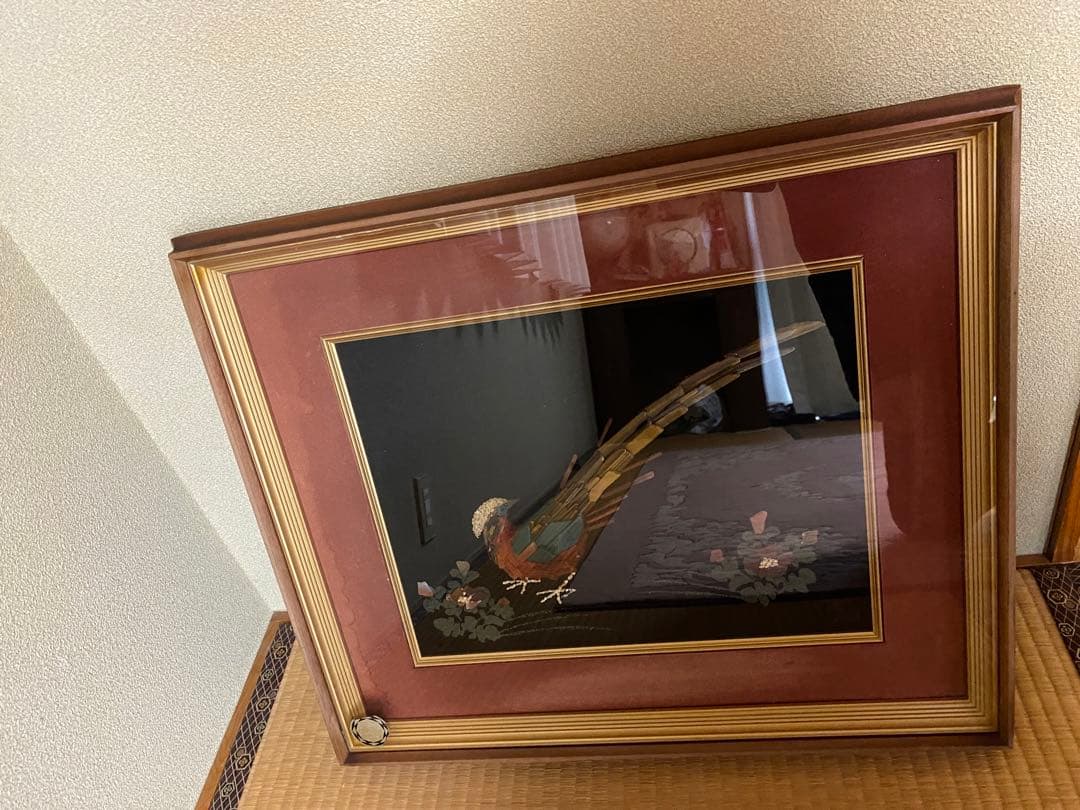 大理石画 孔雀絵 鳥 天然石 アート 額縁 額装